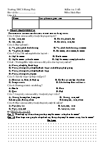 Kiểm tra 1 tiết - Môn: Sinh Học - Trường THCS Hưng Phú