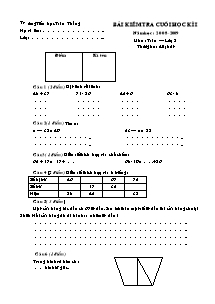 Đề kiểm tra cuối học kì I Toán Lớp 2 - Năm học 2008-2009 - Trường Tiểu học Toàn Thắng