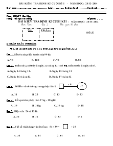 Đề kiểm tra cuối học kì I Toán Lớp 2 - Năm học 2013-2014 - Trường Tiểu học Toàn Thắng