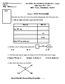 Đề kiểm tra định kì học kì I Toán Khối 2 - Năm học 2012-2013