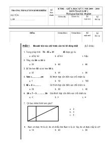 Đề kiểm tra giữa học kì II Toán Khối 2 - Năm học 2009-2010 - Trường Tiểu học Nguyễn Bỉnh Khiêm