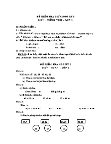 Đề kiểm tra giữa học kỳ I môn Tiếng việt, Toán Lớp 2