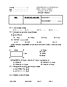 Đề kiểm tra cuối học kì I Toán Lớp 3 - Đề 1 - Năm học 2013-2014