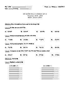 Đề kiểm tra cuối học kì II môn Toán Khối 3 - Năm học 2013-2014