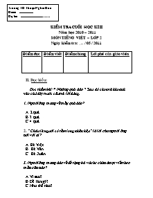 Đề kiểm tra cuối học kì II Tiếng việt Lớp 2 - Năm học 2010-2011 - Trường Tiểu học Thuận Nghĩa Hòa