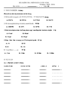Đề kiểm tra cuối năm môn Toán Lớp 3 - Năm học 2013-2014