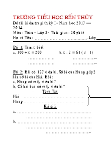 Đề kiểm tra giữa học kì I Toán Lớp 3 - Năm học 2013-2014 - Trường Tiểu học Bến Thủy