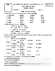 Đề kiểm tra học kì I Tiếng anh Lớp 5 - Năm học 2010-2011 - Trường Tiểu học Sơn Hòa