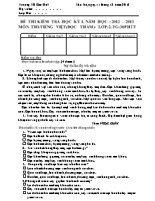 Đề kiểm tra học kì I Tiếng việt Lớp 2 - Năm học 2012-2013 - Trường Tiểu học Cần Đốt