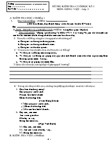 Đề thi kiểm tra cuối học kì I Tiếng việt Lớp 3 - Năm học 2013-2014