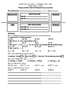 Đề và đáp án kiểm tra giữa học kì I Toán Khối 3 - Năm học 2011-2012