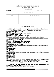 Đề kiểm tra chất lượng cuối học kì II Lịch sử Lớp 4 - Năm học 2008-2009