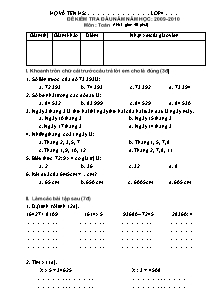 Đề kiểm tra chất lượng đầu năm môn Toán Lớp 4 - Năm học 2009-2010