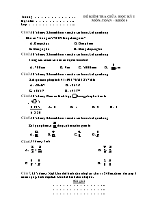 Đề kiểm tra chất lượng giữa học kì I môn Toán Lớp 4 (Có đáp án)