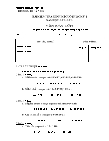 Đề kiểm tra cuối học kì I Toán Lớp 4 - Năm học 2012-2013 - Trường Tiểu học Tả Nhìu