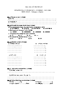 Đề kiểm tra cuối học kì I Toán Lớp 4 - Năm học 2013-2014 - Lê Thị Thuận