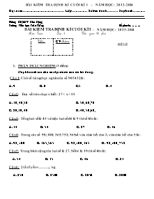 Đề kiểm tra cuối học kì I Toán Lớp 4 - Năm học 2013-2014 - Trường Tiểu học Toàn Thắng