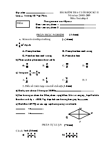 Đề kiểm tra cuối học kì II Toán Lớp 4 - Năm học 2008-2009 - Trường Tiểu học Vạn Phúc