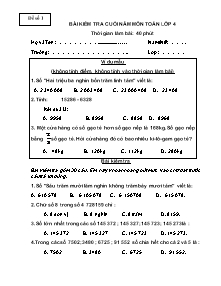 Đề kiểm tra cuối năm môn Toán Khối 4