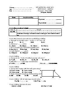 Đề và đáp án kiểm tra cuối học kì I Toán Lớp 4 - Đề 4 - Năm học 2013-2014