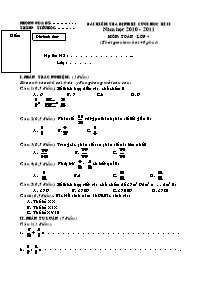 Đề và đáp án kiểm tra cuối học kì II Toán Lớp 4 - Năm học 2010-2011