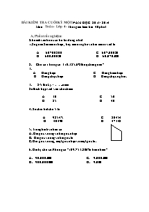 Đề và đáp án kiểm tra cuối học kỳ I Toán Lớp 4 - Năm học 2013-2014