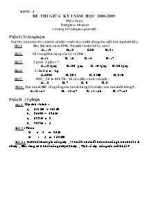 Đề và đáp án kiểm tra giữa học kì I môn Toán Lớp 4 - Năm học 2008-2009