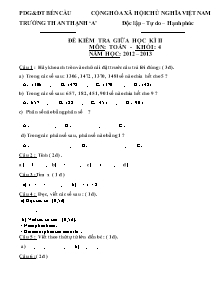 Đề kiểm tra giữa học kì II Toán Lớp 4 - Năm học 2012-2013 - Trường Tiểu học An Thạnh A