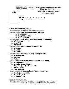 Đề kiểm tra cuối học kì I Lịch sử và Địa lí Lớp 4 - Năm học 2010-2011