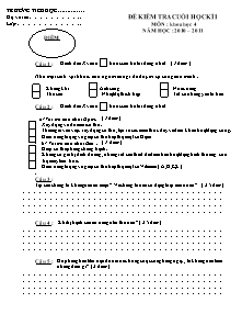 Đề kiểm tra cuối học kì I môn Khoa học Khối 4 - Năm học 2010-2011