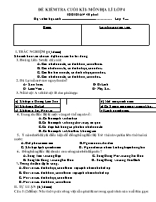Đề kiểm tra học kì I Địa lí, Khoa học Lớp 4