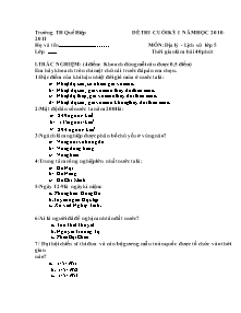 Đề kiểm tra học kì I Lịch sử và Địa lí Lớp 5 - Năm học 2010-2011 - Trường Tiểu học Quế Hiệp