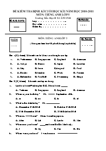 Đề kiểm tra học kì I Tiếng anh Lớp 5 - Năm học 2010-2011 - Trường Tiểu học B Xuân Vinh