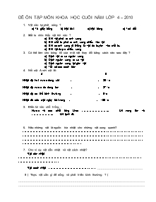 Đề ôn tập cuối năm Khoa học Khối 4 - Năm học 2009-2010