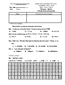 Đề kiểm tra giữa học kì I Toán Lớp 4 - Năm học 2013-2014 - Trường Tiểu học Quảng Long