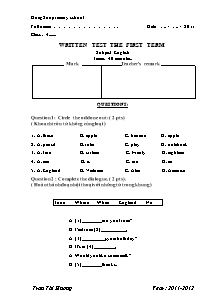 Đề kiểm tra học kì I Tiếng anh Lớp 4 - Năm học 2011-2012 - Trần Thị Hương