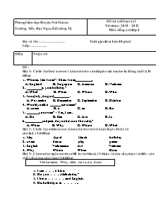Đề kiểm tra học kì I Tiếng anh Lớp 4 - Năm học 2011-2012 - Trường Tiểu học Nguyễn Trường Tộ