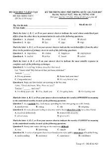 Đề thi Trung học phổ thông Quốc gia môn Tiếng Anh năm 2017 - Mã đề: 423 - Bộ GD &ĐT (Kèm đáp án)