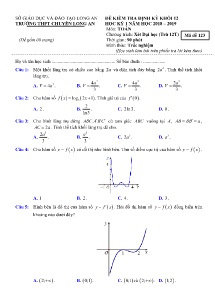 Đề kiểm tra định kỳ Khối 12 Học Kỳ 1 năm học 2018-2019 môn Toán - Mã đề 123 - Trường THPT Chuyên Long An (Có đáp án)