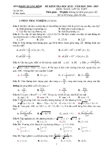 Đề kiểm tra Học Kỳ 2 năm học 2018-2019 môn Toán Lớp 10 - Sở GD&ĐT Quảng Bình (Có đáp án)