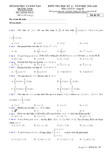 Đề kiểm tra Học Kỳ II năm học 2018-2019 môn Toán Lớp 12 - Mã đề 101 - Sở GD&ĐT Quảng Nam (Có đáp án)