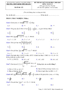 Đề thi bán kỳ II năm học 2018-2019 môn Toán Lớp 11 - Mã đề 132 - Trường THPT Đinh Tiên Hoàng (Có đáp án)