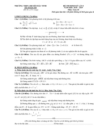 Đề thi định kỳ lần I năm học 2018-2019 môn Toán Lớp 10 - Trường THPT Chuyên Bắc Ninh (Có đáp án)