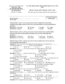 Đề thi minh họa THPT Quốc Gia năm 2019 môn Tiếng Anh - Mã đề 001 - Trường THPT Lê Thành Phương (Có đáp án)