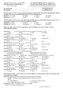 Đề thi thử THPT Quốc Gia năm 2019 môn Tiếng Anh - Mã đề 101 - Trường THPT N.T Minh Khai (Có đáp án)
